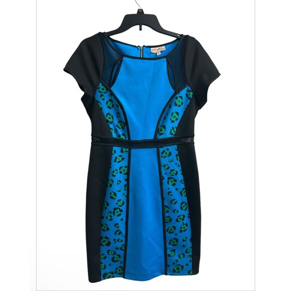 Marylin Monroe Women’s Blue Black Mesh Short Sleeve Mini Bodycon Dress Medium - Picture 1 of 7